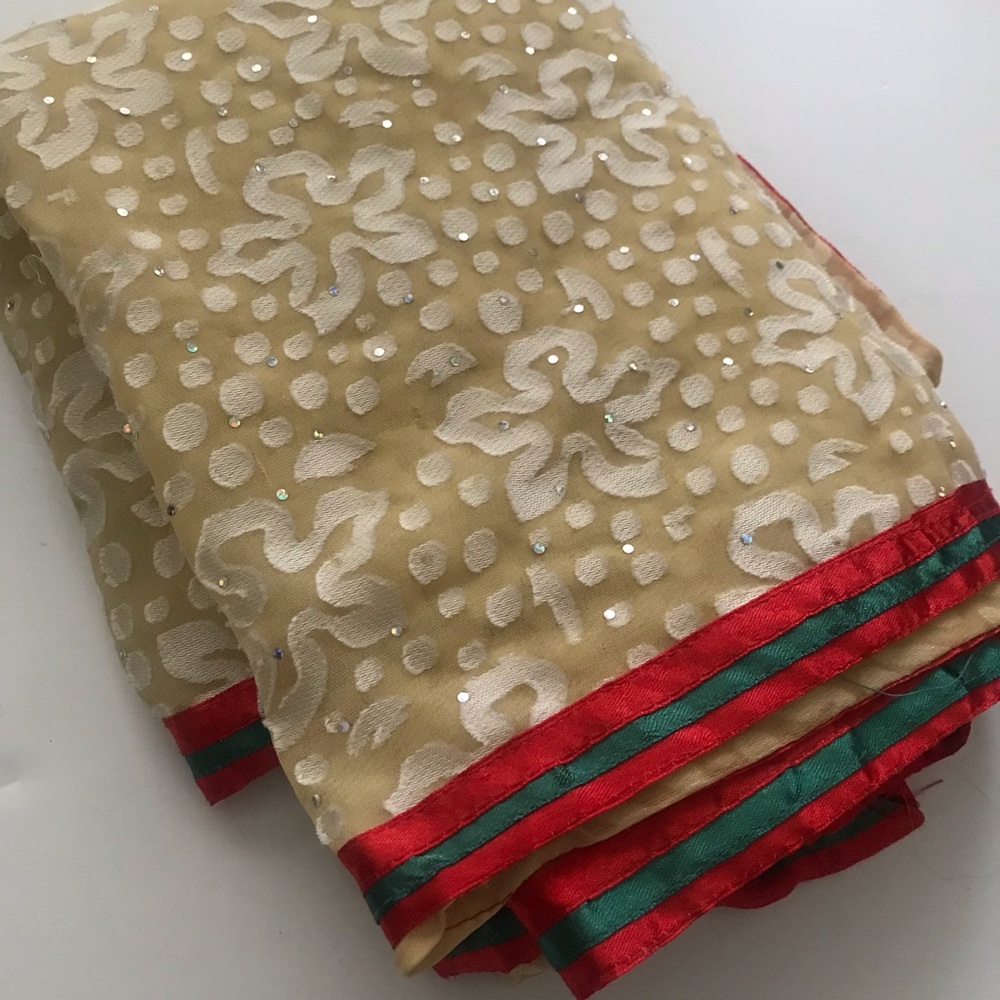 Handmade Cream Embroidered Fabric with Red and Green Trim